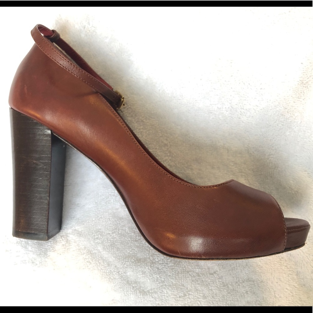 leather brown stacked 4-inch heel with ankle strap